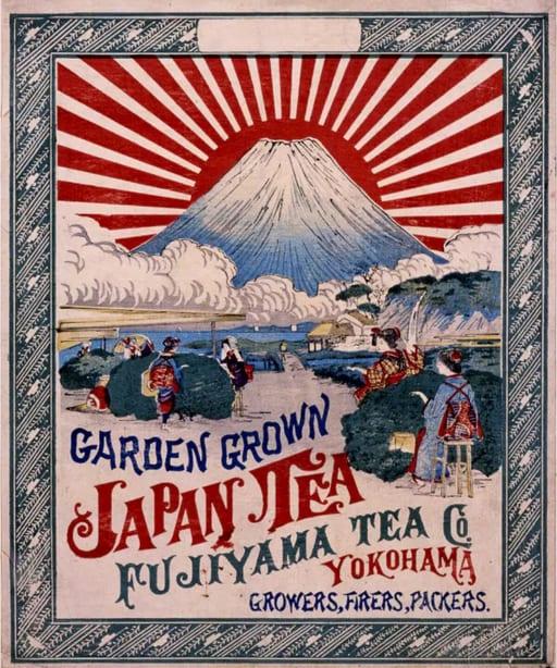 明治期の日本茶輸出用「蘭字」ラベル。富士山と茶摘みの図、GARDEN GROWN JAPAN TEA 等の欧文